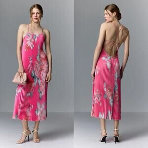 L’Idee Ete Dress Floral Print Pleated Sleeveless Strappy Backless Midi Pink S